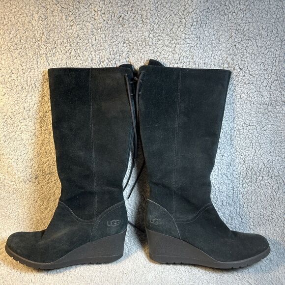 UGG Dawna Boot Womens 6 Black Suede Wedge Tall Waterproof - Picture 1 of 16